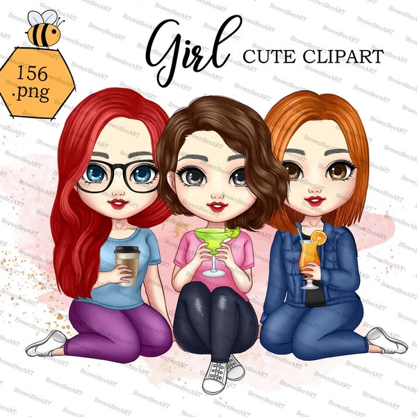 Mädchen Puppe sitzend, süße Clipart, beste Freundin Clipart, Schwester Clipart, Bestie Clipart, Cocktail Clipart