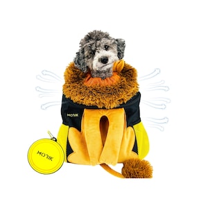 May include: A black and yellow lion-shaped pet carrier with a furry brown mane. A small gray dog is peeking out of the carrier. The carrier has a mesh panel and a yellow tag that says "MORIK".