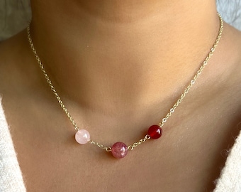 Chain Linked Carnelian, Rose Quartz, & Strawberry Quartz Necklace