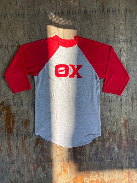 LARGE - 70s Theta Chi Fraternity 3/4 Sleeve Ragla… - image 2