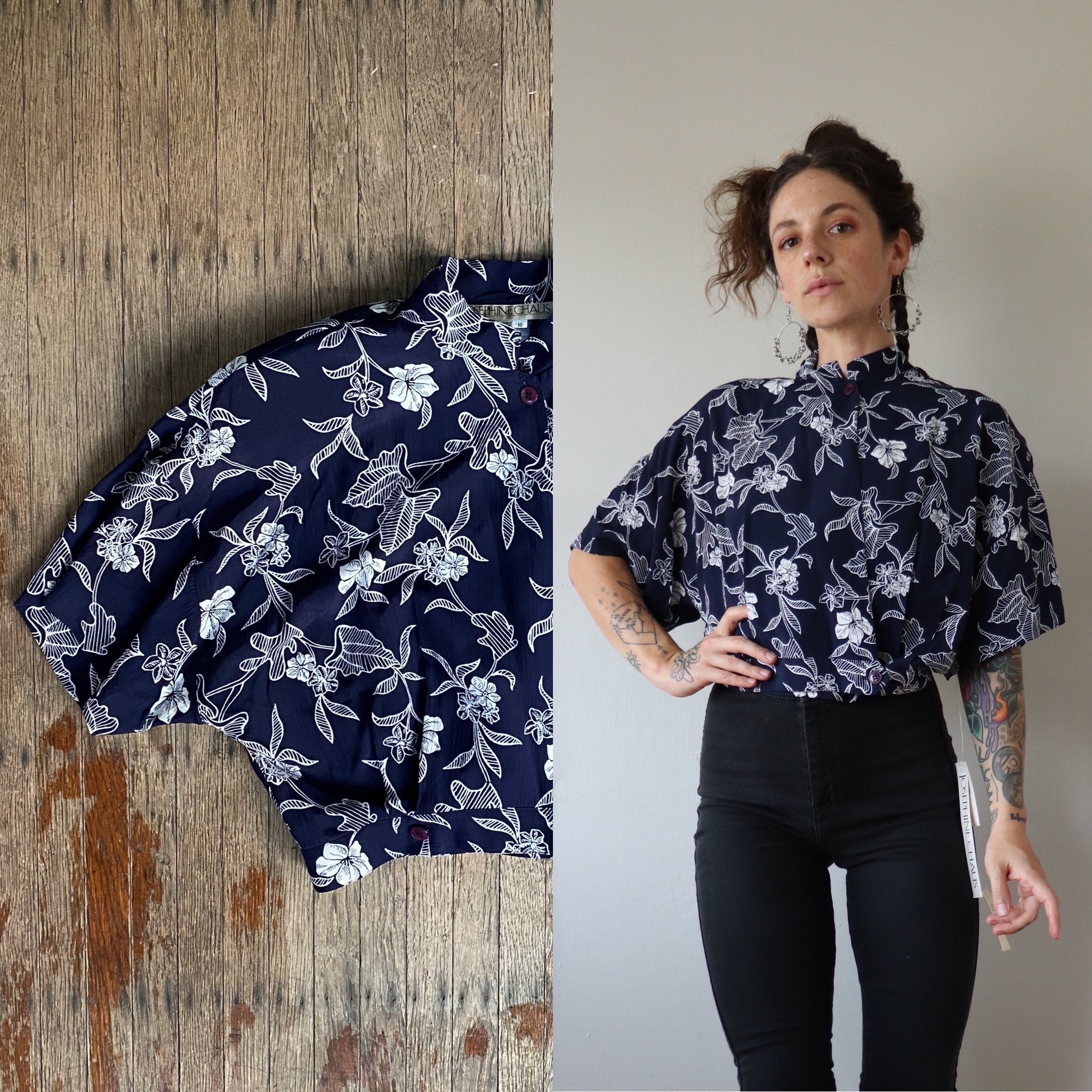 MEDIUM 80s Josephine Chaus Double-breasted Crop Top Vintage Navy & White  Floral Blouse New With Tags 