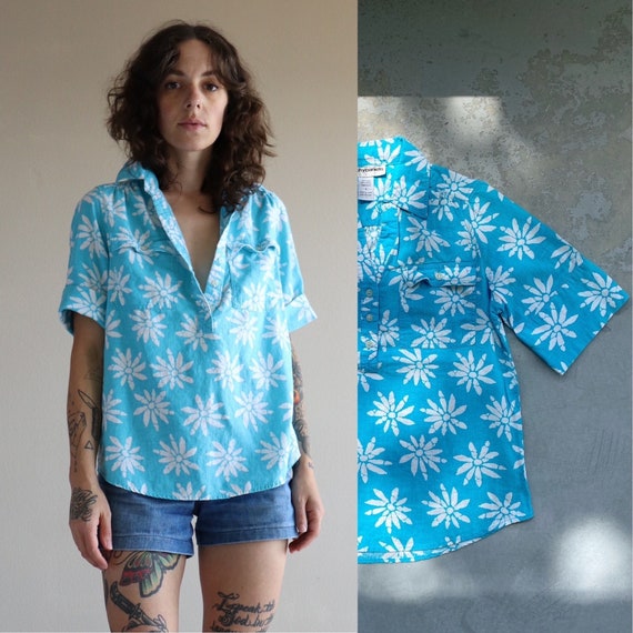 SMALL - 90s Electric Blue & White Floral Top - Vi… - image 1