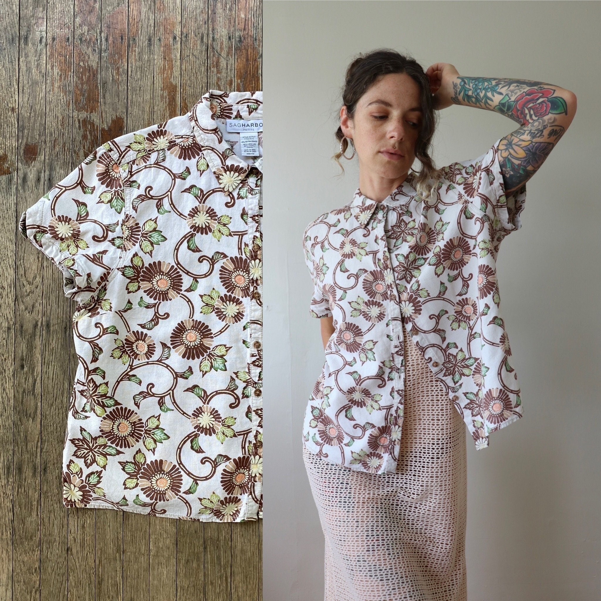 PETITE EXTRA LARGE - 90s Sag Harbor Linen Blend Batik-Look Floral Top - Vintage Short Sleeve Button Down