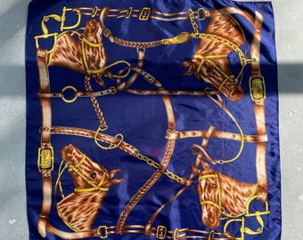 Vintage Horsebit Water Repellent Scarf - Equestrian Print - Blue and Gold - Horse Lovers Gift Idea - 25x25"