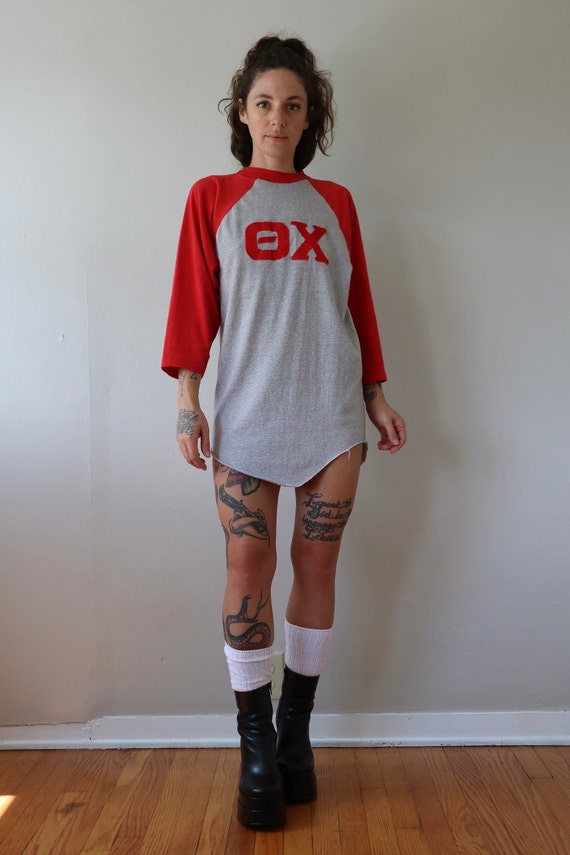 LARGE - 70s Theta Chi Fraternity 3/4 Sleeve Ragla… - image 3