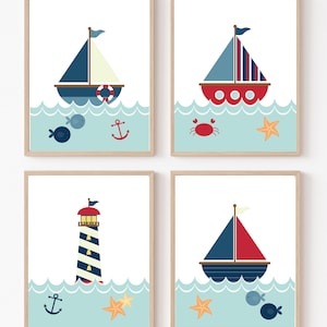 Nautical Sailboat Fish Anchor Lighthouse Sea Wall Nursery Art Decor Prints