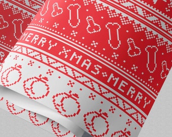 May include: Wrapping paper featuring a red and white pixelated pattern. The design includes rows of white snowflakes, phallic shapes, and the text MERRY XMAS. The bottom section displays a row of red circular ornaments on a white background.
