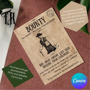 Pode incluir: Um cartaz de recompensa em estilo vintage com a palavra "BOUNTY" no topo, apresentando uma ilustração de um homem. O texto inclui "Run Away Groom" e "Davit Stone". Inclui informações de download do Canva e PDF.