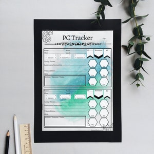 May include: A black framed PC Tracker sheet with a watercolor background in shades of blue and green. The sheet includes sections for character stats, skills, and actions. The text "PC Tracker" is at the top.