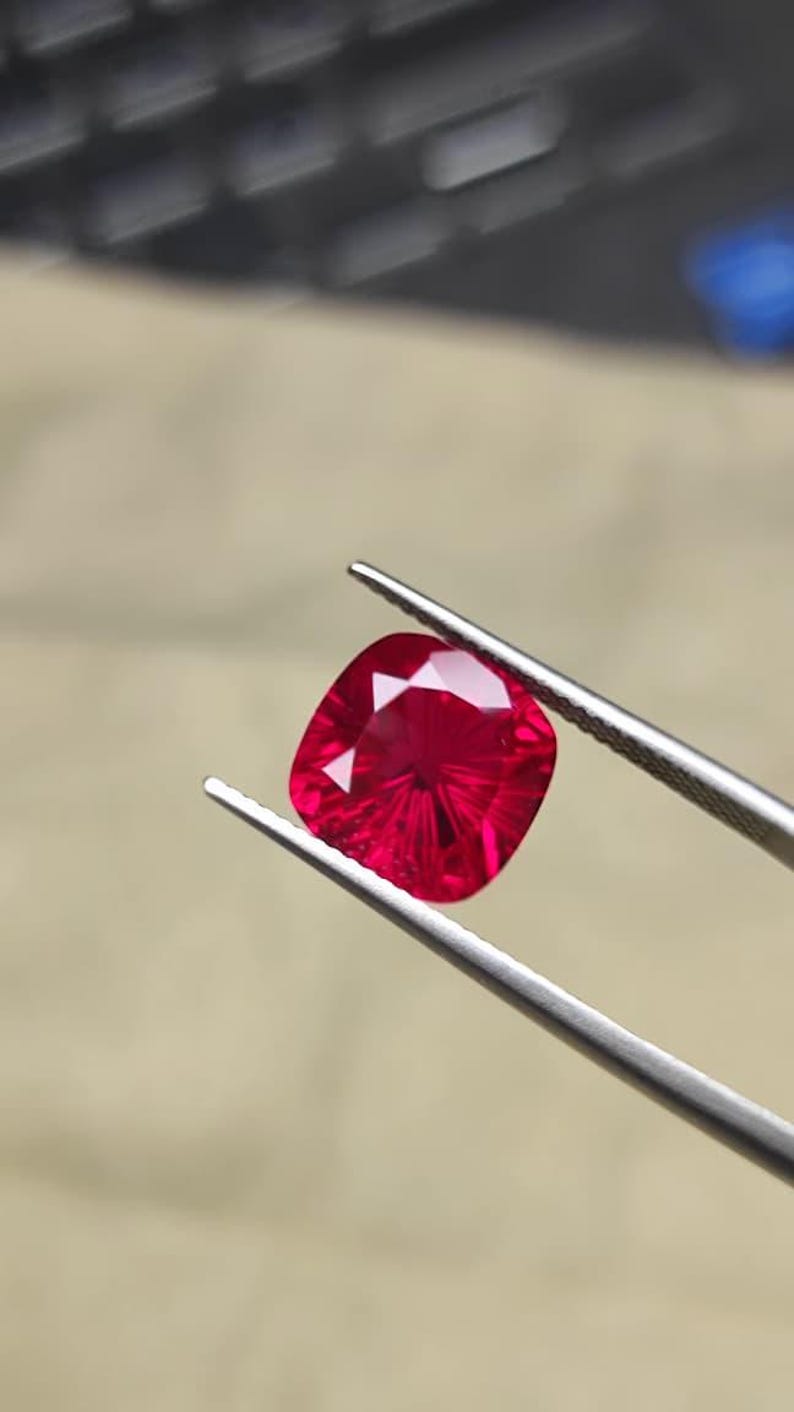 Faceted Lab Created Ruby Gemstone - Cushion fancy Cut Jewelry Stone image 6