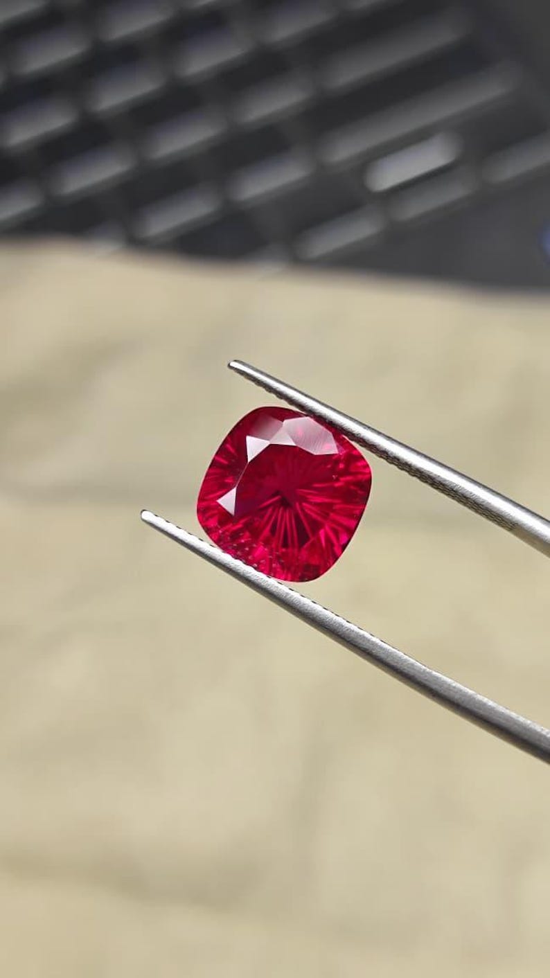 Faceted Lab Created Ruby Gemstone - Cushion fancy Cut Jewelry Stone image 7