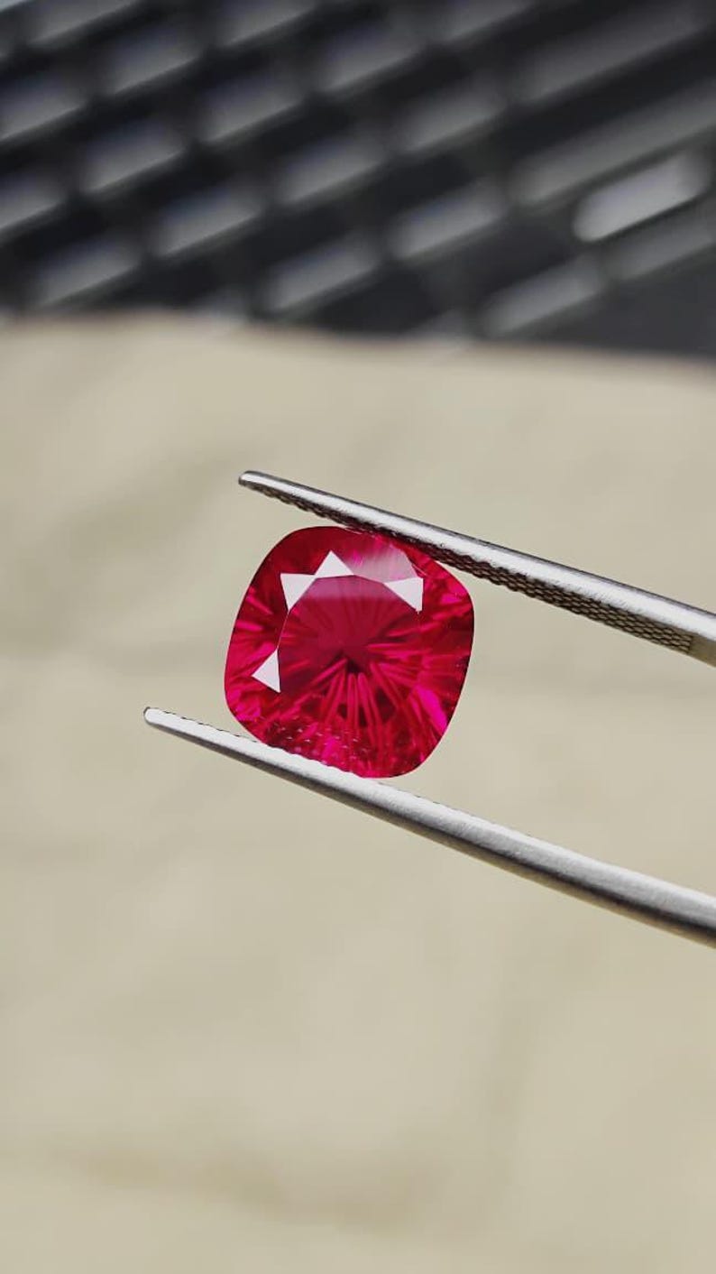 Faceted Lab Created Ruby Gemstone - Cushion fancy Cut Jewelry Stone image 1