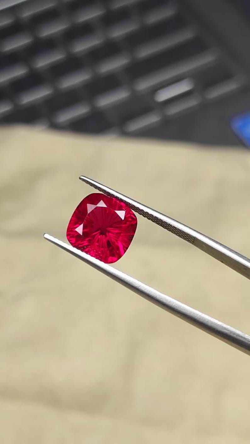Faceted Lab Created Ruby Gemstone - Cushion fancy Cut Jewelry Stone image 8