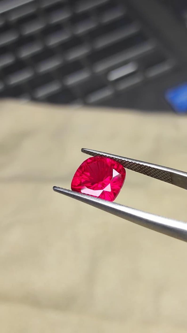 Faceted Lab Created Ruby Gemstone - Cushion fancy Cut Jewelry Stone image 10
