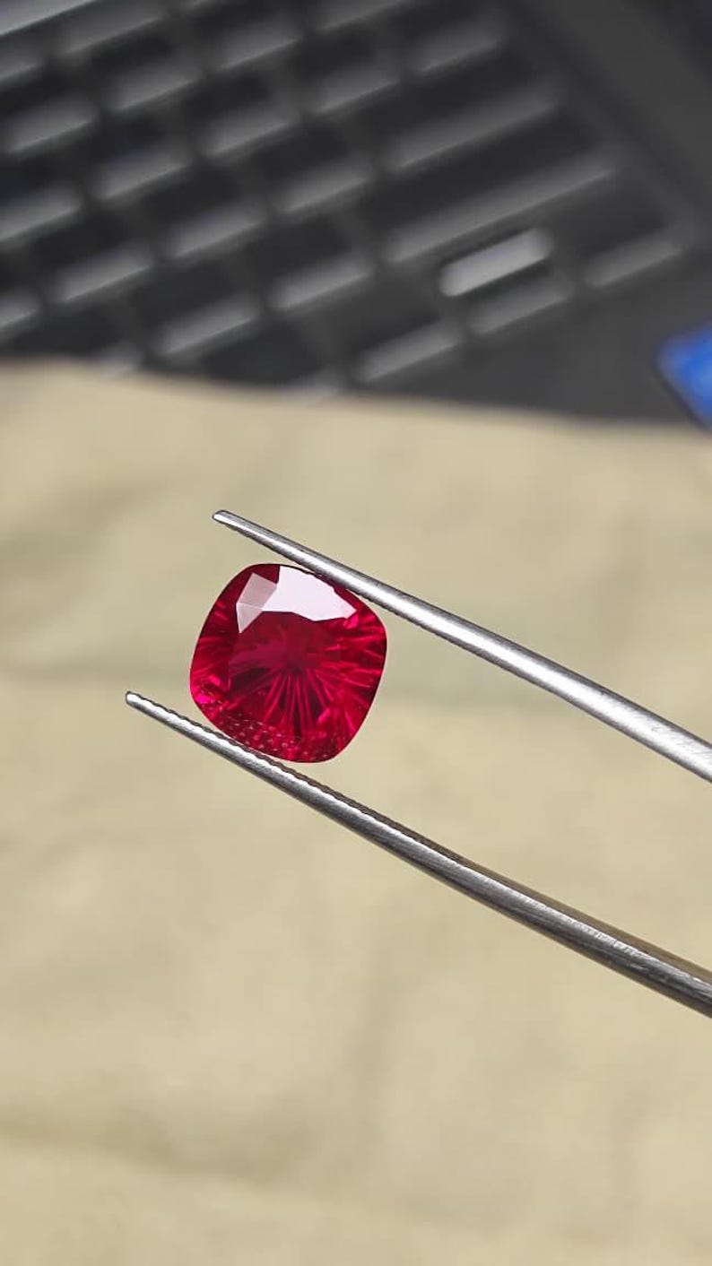 Faceted Lab Created Ruby Gemstone - Cushion fancy Cut Jewelry Stone image 9