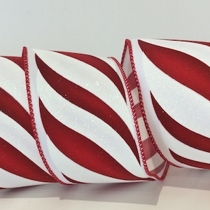 Wired Red Swirly Stripes ,White Iridescent Glitter 2.5" Ribbon Christmas Wreaths Bows ,Gift Wrap Mantle Decor Christmas Tree Garland .