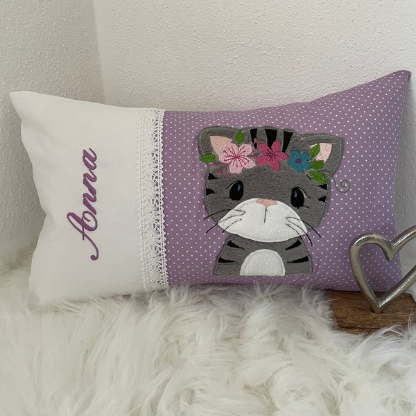 Namenskissen, Kissen mit Katze , 3D Applikation  für Mädchen, Junge, Kissen mit Name, Geschenk zum Geburtstag, Geburt,Ostern, Mieze