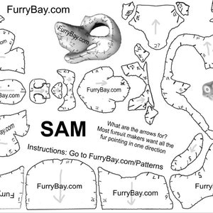 May include: A black and white line drawing of a fursuit pattern for a character named SAM. The pattern includes instructions to go to FurryBay.com/Patterns for more information. The arrows indicate the direction of the fur.