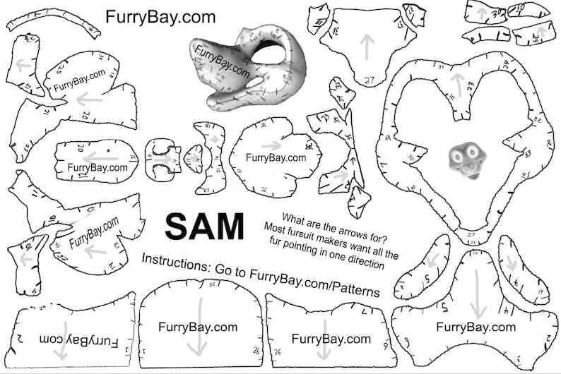 May include: A black and white line drawing of a fursuit pattern for a character named SAM. The pattern includes instructions to go to FurryBay.com/Patterns for more information. The arrows indicate the direction of the fur.