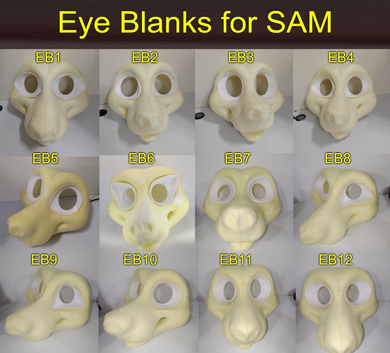 May include: Twelve foam eye blanks for fursuit making, labeled EB1 through EB12. Each blank has a different shape and size for the eyes.