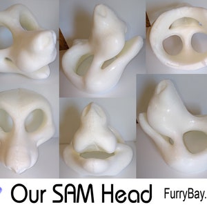 May include: White foam blank fursuit head base with multiple angles shown. The head base has two eye holes and a nose hole.