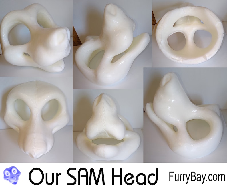 May include: White foam blank fursuit head base with multiple angles shown. The head base has two eye holes and a nose hole.
