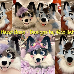 May include: A collection of five furry animal head bases, each with different fur colors and facial expressions. The head bases are designed for fursuit making and feature realistic details like ears, eyes, and noses. The text "SAM Head Base - Designs by @calliehusky" is visible at the bottom of the image.