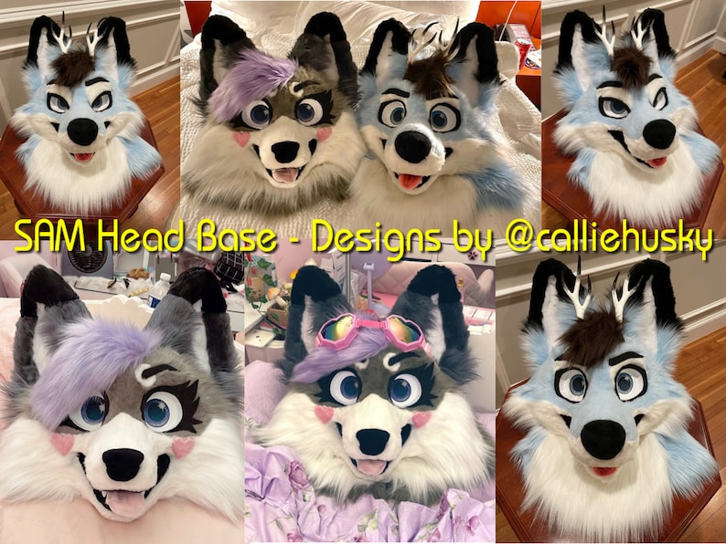 May include: A collection of five furry animal head bases, each with different fur colors and facial expressions. The head bases are designed for fursuit making and feature realistic details like ears, eyes, and noses. The text "SAM Head Base - Designs by @calliehusky" is visible at the bottom of the image.