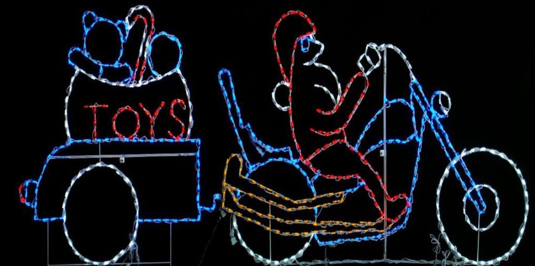 Animated Santa on Motorcycle With Toys Trailer Yard Art Wireframe Large Commercial or Home
