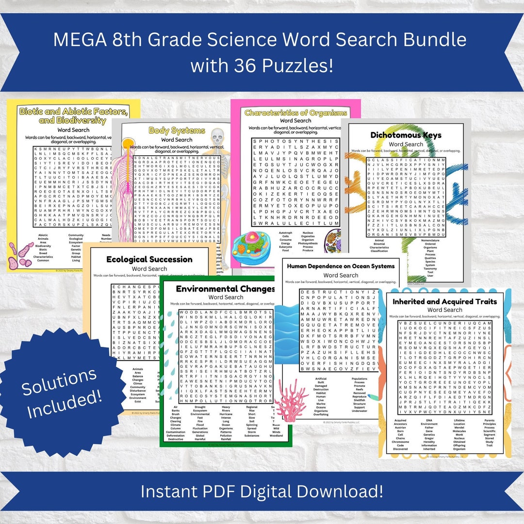 8th Grade SCIENCE Word Search BUNDLE // 36 Puzzles 1,015 Hidden Words ...