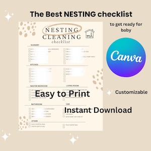 Puede incluir: Una lista de verificación imprimible para anidar y limpiar antes de que llegue un bebé. La lista de verificación incluye categorías para la guardería, la cocina, el dormitorio principal, la sala de estar, el baño, el automóvil y otras. La lista de verificación se titula "The Best Nesting Checklist" y "Easy to Print".