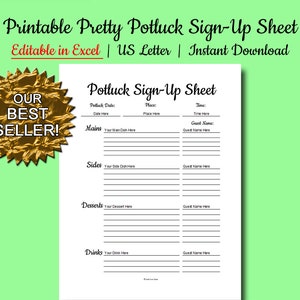 Puede incluir: Plantilla de hoja de inscripción para un potluck imprimible en tamaño carta de EE. UU. La hoja está dividida en secciones para platos principales, acompañamientos, postres y bebidas. Cada sección tiene espacio para que los invitados enumeren su plato y su nombre.