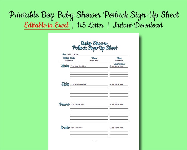 EDITABLE Printable Boy Blue Baby Shower Potluck Signup Sheet, Food Signup, Gatherings, 8.5 X