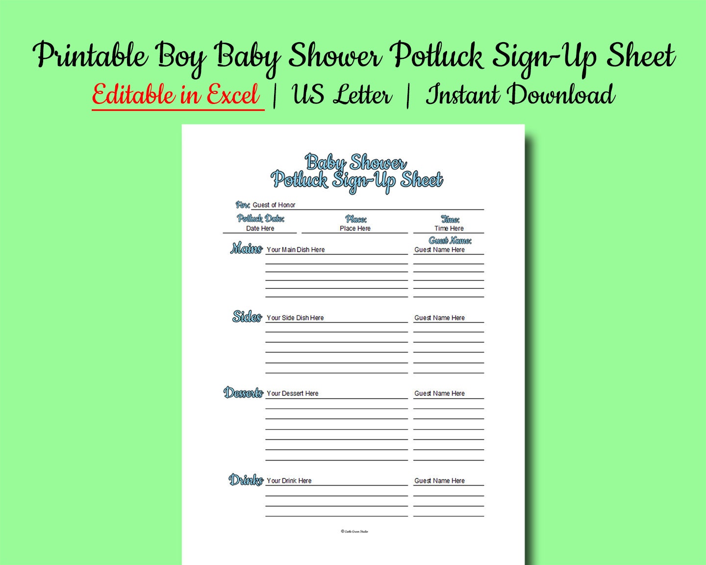 EDITABLE Printable Boy Blue Baby Shower Potluck Signup Sheet, Food Signup, Gatherings, 8.5 X