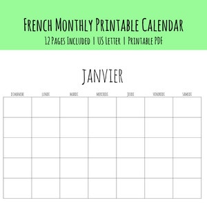 Calendario mensual imprimible francés, Calendario en blanco, Calendario de 12 meses, Carta de EE. UU., 8,5 x 11 pulgadas, Calendario horizontal, Descarga instantánea
