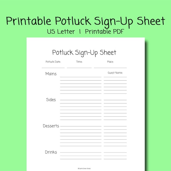 Printable Teacher Potluck Sign-Up Sheet, Food Sign-Up Sheet, Church Suppers, Gatherings, 8.5 x 11 Inches, Printable PDF, Instant Download