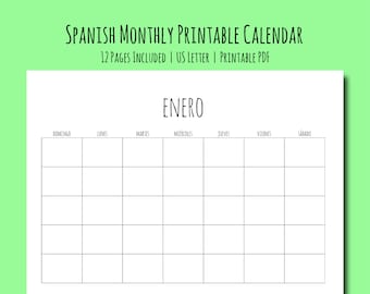 Spanish Printable Monthly Calendar, Blank Calendar, 12 Month Calendar, US Letter, 8.5 x 11 Inches, Horizontal Calendar, Instant Download