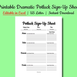 EDITABLE Printable Dramatic Pretty Potluck Sign-Up Sheet, Food Sign-Up, Gatherings, 8.5 x 11 Inches, Microsoft Excel, Instant Download