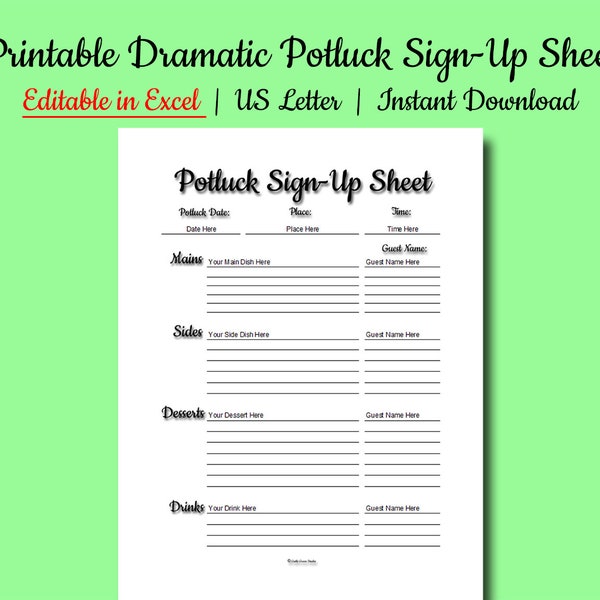 EDITABLE Printable Dramatic Pretty Potluck Sign-Up Sheet, Food Sign-Up, Gatherings, 8.5 x 11 Inches, Microsoft Excel, Instant Download