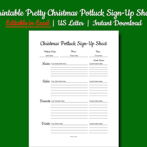 May include: Printable Christmas potluck sign-up sheet in black and white text on a white background. The sheet includes sections for Mains, Sides, Desserts, and Drinks. Each section has lines for guests to write in their dish and their name.