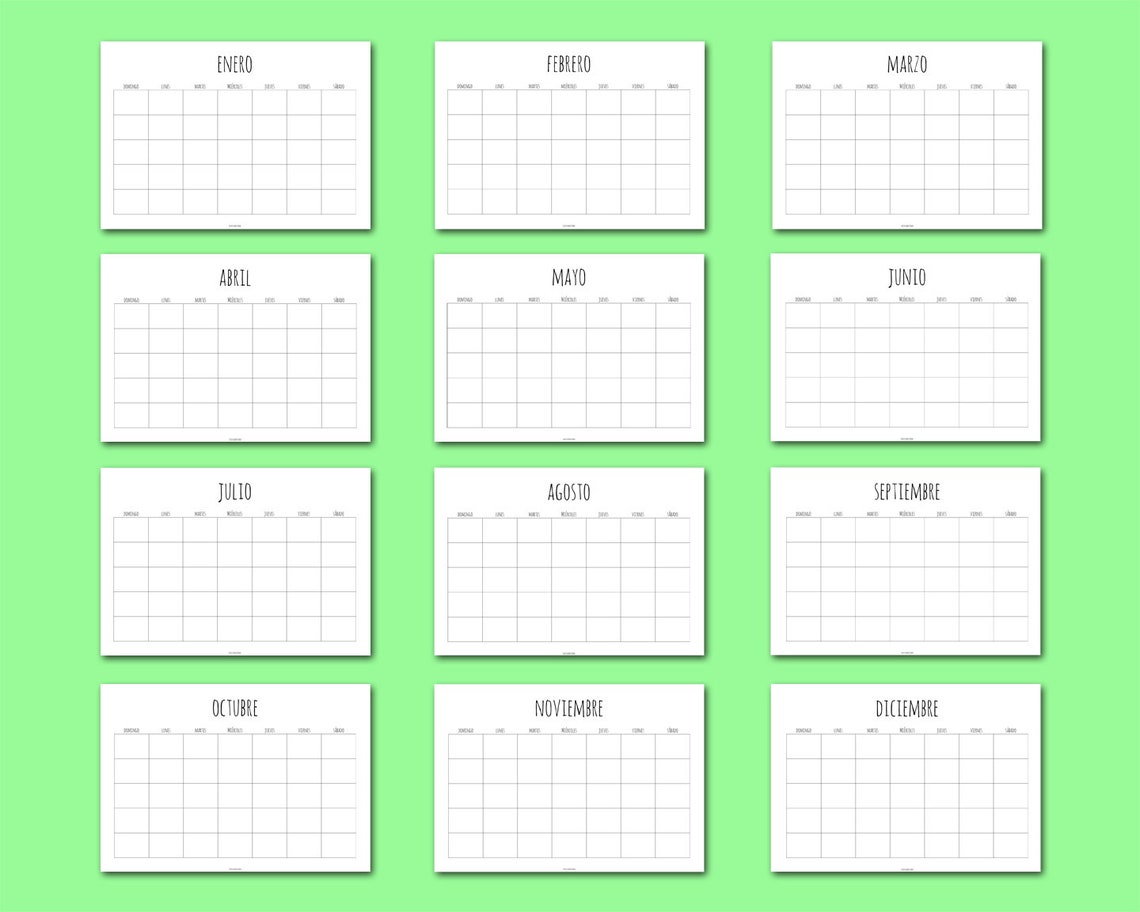 Spanish Printable Monthly Calendar, Blank Calendar, 12 Month Calendar
