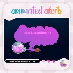 May include: Animated alert for a new subscriber. A pink potion bottle with a purple liquid inside is emitting a purple smoke cloud with the text "new subscriber <3". The alert is labeled "PINK MAGIC POTION BOTTLE".