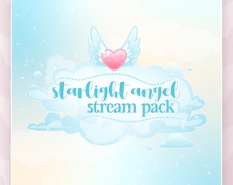 Puede incluir: Una nube azul y blanca con un corazón rosa y alas en el centro. El texto "starlight angel stream pack" está escrito en la nube.