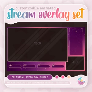 Könnte beinhalten: Ein anpassbares animiertes Stream-Overlay-Set mit einem lila und rosa Farbschema. Das Set enthält einen 16:9-Hauptbildschirm, einen 4:3-Nebenbildschirm und mehrere kleinere Panels. Der Text "CELESTIAL ASTROLOGY PURPLE" wird am unteren Rand des Bildes angezeigt.