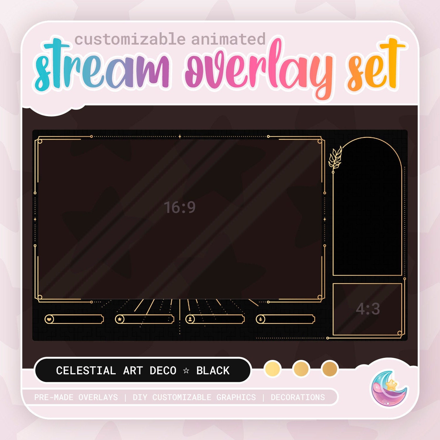 Celestial Art Deco Stream Overlay Set: Black & Gold (Digital Download)
