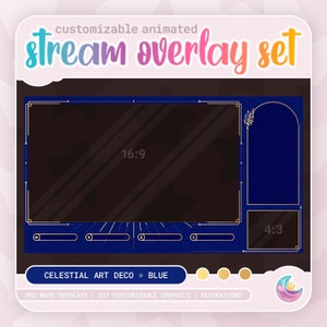May include: A customizable animated stream overlay set with a blue and gold color scheme. The overlay features a 16:9 aspect ratio main screen, a 4:3 side screen, and a set of five customizable bars. The text "CELESTIAL ART DECO ✩ BLUE" is displayed at the bottom of the overlay.