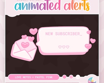 Op de afbeelding: Geanimeerde Twitch-streammelding voor nieuwe abonnees. De melding bevat een roze envelop met hartjes en een spraakballon die "NEW SUBSCRIBER_" zegt met hartjes. De tekst "LOVE NOTES PASTEL PINK" staat onderaan de afbeelding.