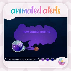 Può includere: Avviso animato per un nuovo abbonato, con una bottiglia di pozione magica viola e una nuvola di fumo viola che dice "new subscriber! <3".