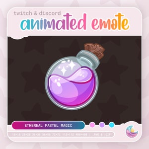 May include: An animated emote design featuring a glass potion bottle with a purple liquid and sparkling stars. The text "twitch & discord animated emote" is at the top. The bottom text reads "ETHEREAL PASTEL MAGIC".