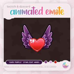 May include: Animated Twitch and Discord emote featuring a red heart with purple wings. The text 'DARK PURPLE' STARLIGHT ANGEL' is below the image. The emote is available in various sizes, including 18x18, 28x28, 36x36, 56x56, 72x72, and 112x112 pixels, in PNG and GIF formats.